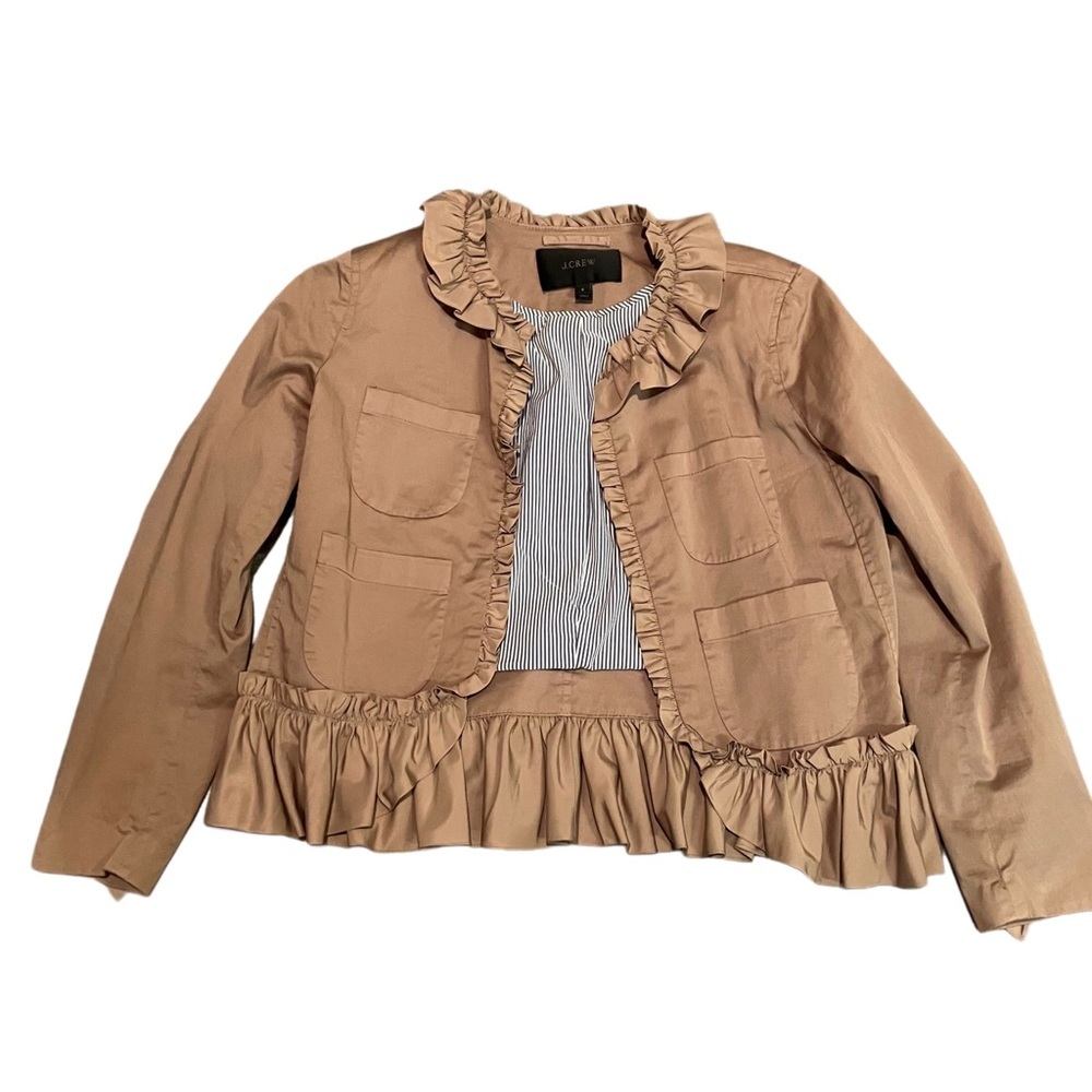 J Crew Tan Frill Peplum Crop Jacket with seersucker lining accents Size 6 - Picture 10 of 12